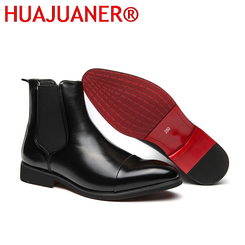 Men'S Shoes Qn - รองเท้าบูทเชลซีสีดำสไตล์อังกฤษสำหรับผู้ชาย รองเท้าบูทหนังแท้พื้นสีแดงสำหรับผู้หญิง รองเท้าบูทหุ้มปลายเท้าพื้นเรียบ รองเท้าลำลองสำหรับกิจกรรมกลางแจ้ง