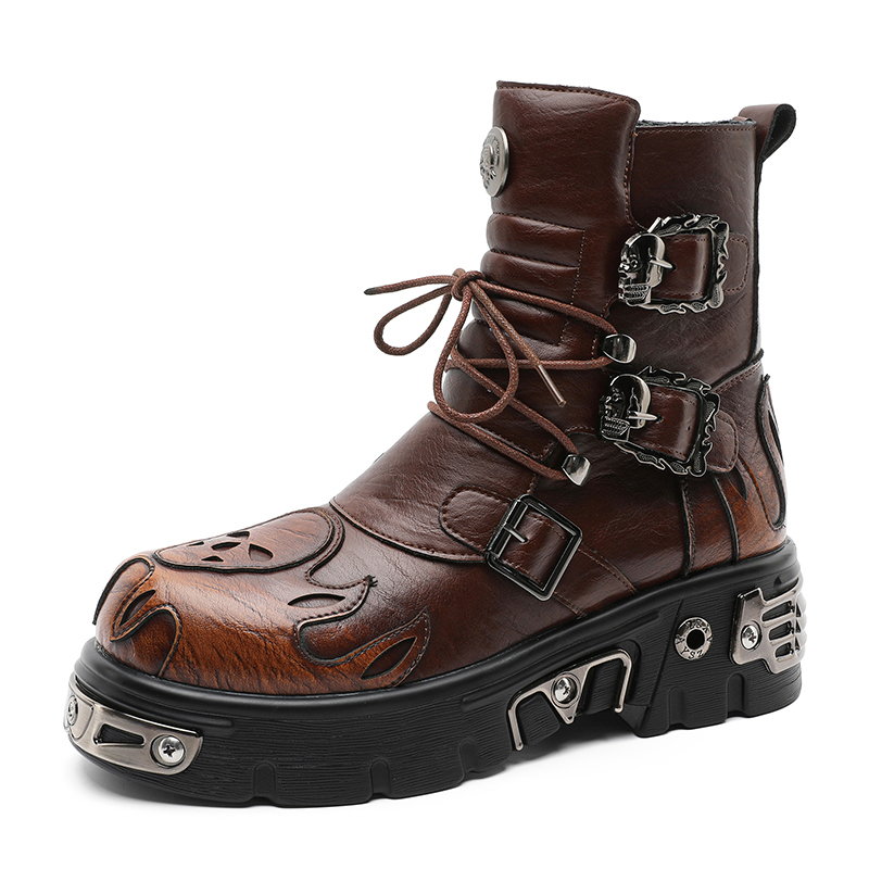 Men'S Shoes Increase Height - รองเท้าบูทมอเตอร์ไซค์สไตล์พังก์เรโทรเท่ๆ ลายหัวกะโหลกและเปลวไฟ แบบปรับแต่งได้สำหรับผู้ชาย พื้นหนา เพิ่มความสูง สำหรับใส่เดินเล่นบนถนน