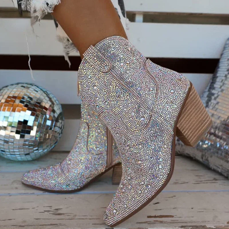 Chelsea Boots Suede - Western คาวบอยรองเท้าแฟชั่นผู้หญิงข้อเท้ารองเท้า Glitter Bling เงาแนวโน้มรองเท้าส้นสูงรองเท้าคุณภาพสูง