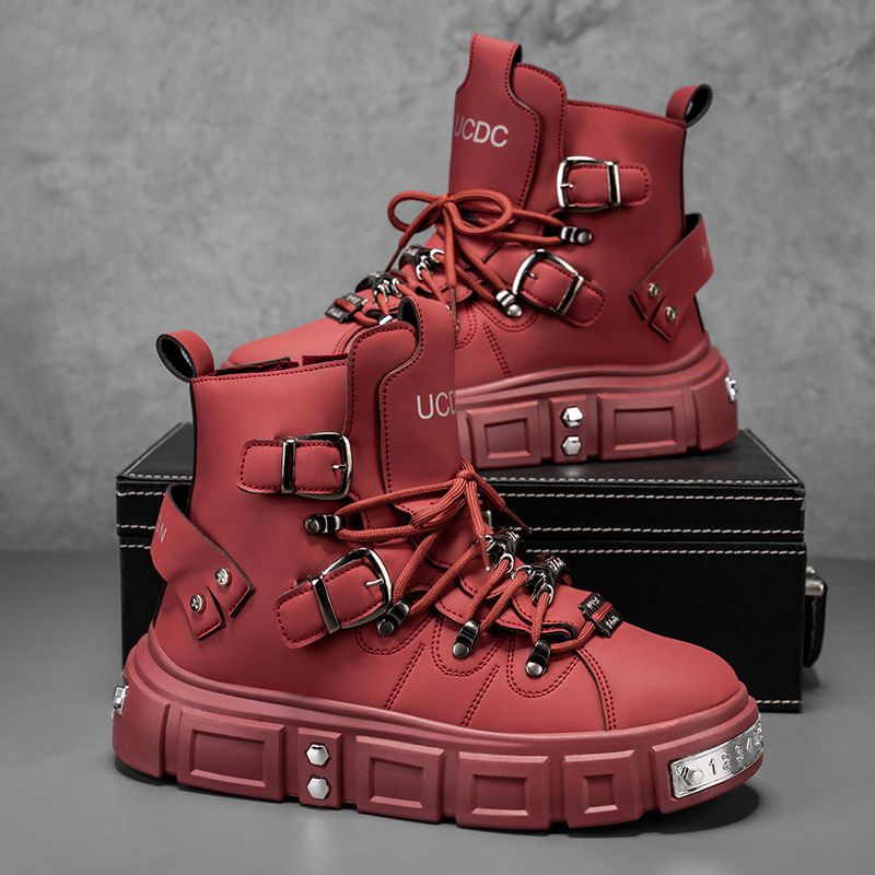 Men Shoes Brand - รองเท้าบูทแบรนด์แท้สำหรับผู้ชาย สไตล์พังก์ พื้นหนา สีแดง แฟชั่นหรูหรา รองเท้าผู้ชาย