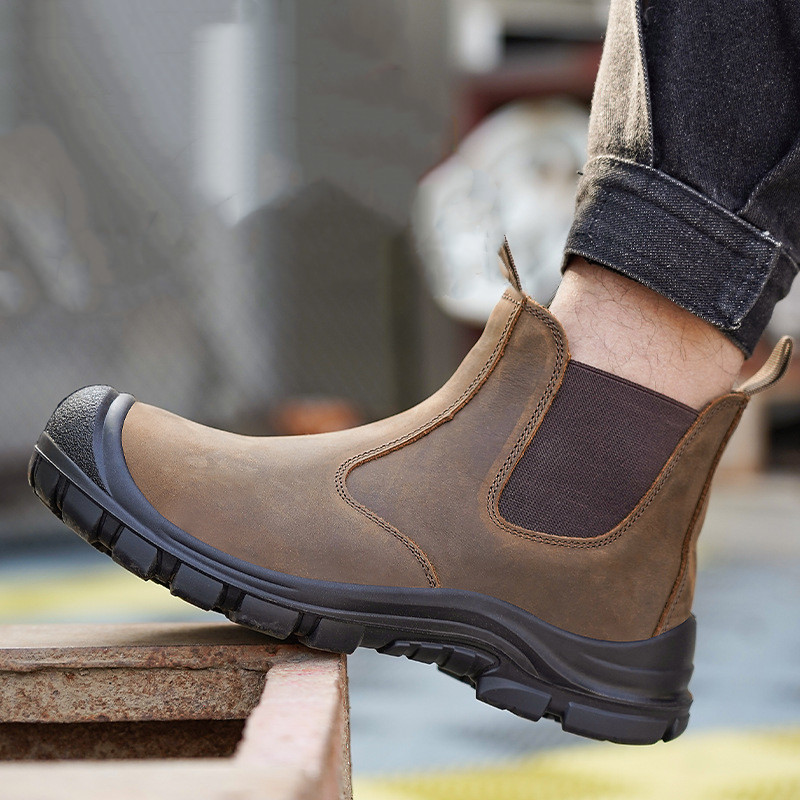 Chelsea Boots Suede - ผู้ชายขนาดใหญ่แฟชั่น Steel Toe ครอบคลุมรองเท้าทํางานหนังวัวความปลอดภัยรองเท้าสีดําสีน้ําตาล WORKER เชลซี