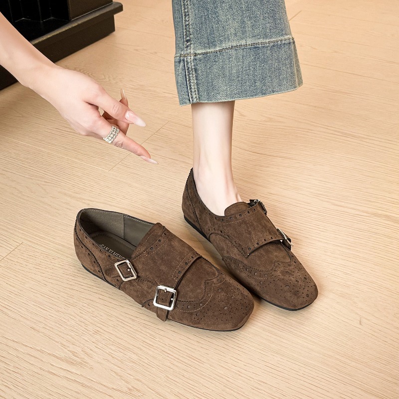 Monk Strap Shoe - รองเท้าผู้หญิงสไตล์เรโทร รองเท้าแบบมีสายรัดสไตล์อังกฤษสุดหรูสำหรับผู้หญิง รองเท้าลำลองแฟชั่นลายแกะสลัก รองเท้าดีไซเนอร์ รองเท้าผู้หญิง