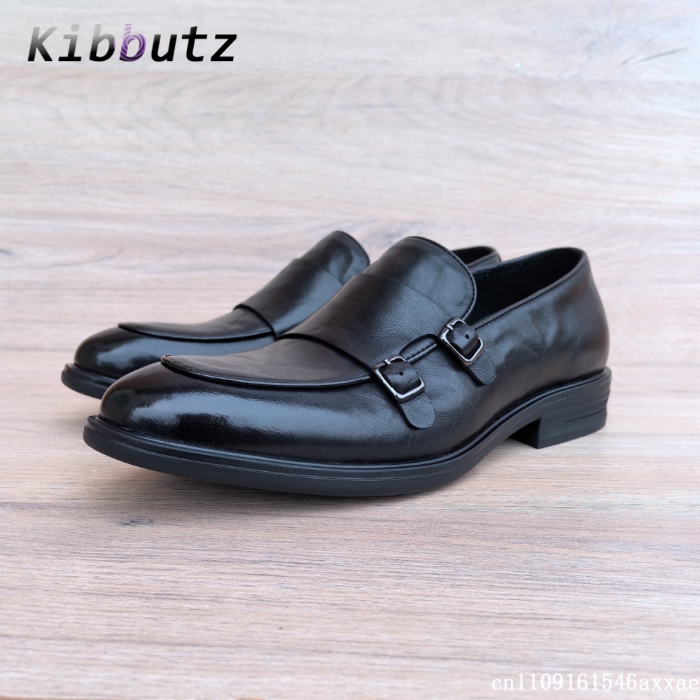 Monk Strap Shoe - รองเท้าโลฟเฟอร์แบบสวม สไตล์สตรีท สำหรับผู้ชาย สีดำ หัวตัดต่ำ สายรัดคู่