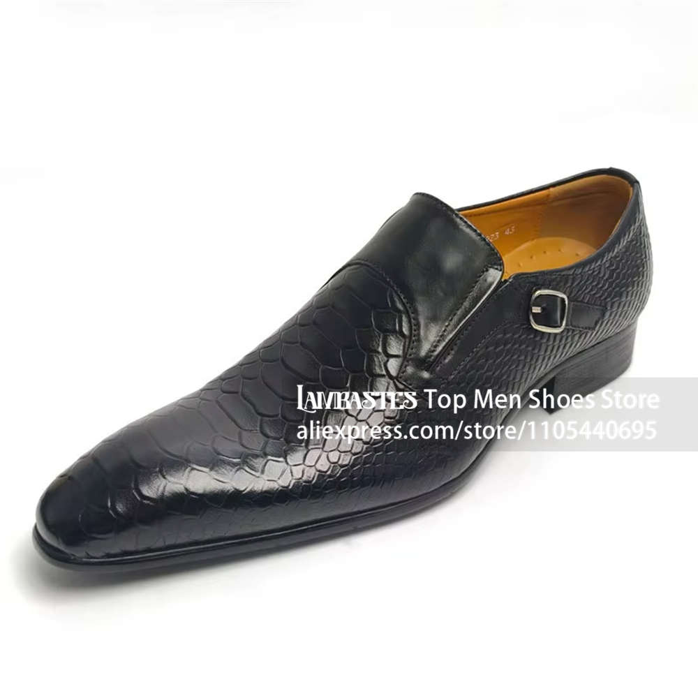 Monk Strap Shoe - รองเท้าโลฟเฟอร์แบบสวมหนังแท้ลายงูสีดำ หัวรองเท้าทรงอัลมอนด์ พร้อมหัวเข็มขัดแบบโมนค์สแตรป เหมาะสำหรับงานแต่งงาน
